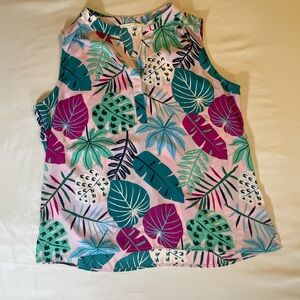 Sleeveless Polo Blouse with Tropical Print